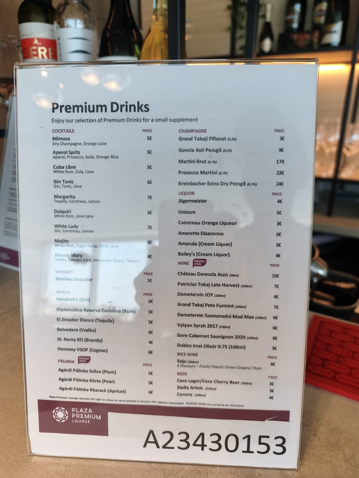 Plaza Premium Lounge（Non-Schengen）の有料プレミアムドリンクメニュー